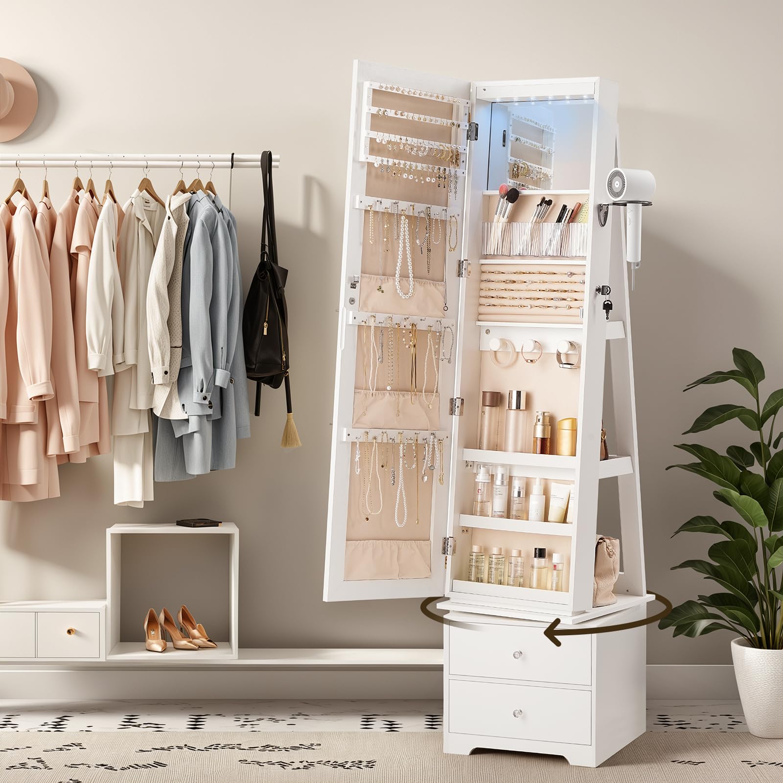 360° Swivel Jewelry Cabinet wi - Full Length Mirror Jewelry Armoire ulasan dan harga