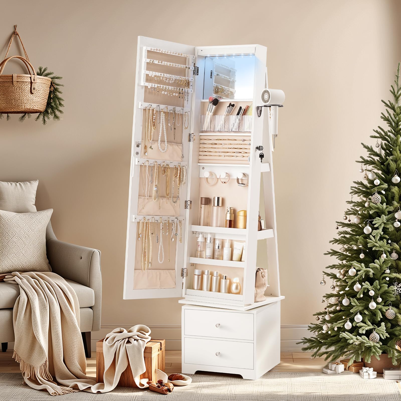 360° Swivel Jewelry Cabinet wi - Full Length Mirror Jewelry Armoire ulasan dan harga